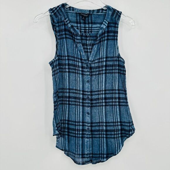 Lucky Brand Size Small Blue Plaid Sleeveless Gauze Button Down Shirt Top - Picture 1 of 6
